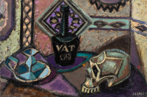 Composition au crâne et à la bouteille de whisky